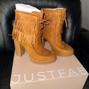 JustFab Women's Brown Fringe Heeled Boots